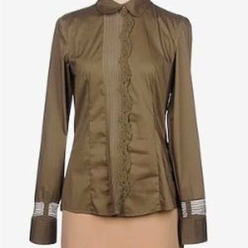 Womens Olive Brown Long-Sleeve Blouse with Lace Trim